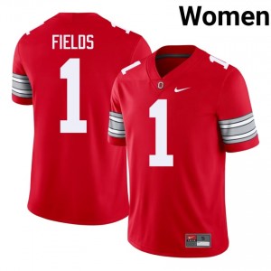 Scarlet #1 Justin Fields Women Stitched 2026 Jersey | Ohio State Iconic NCAA Football Edition 31501441